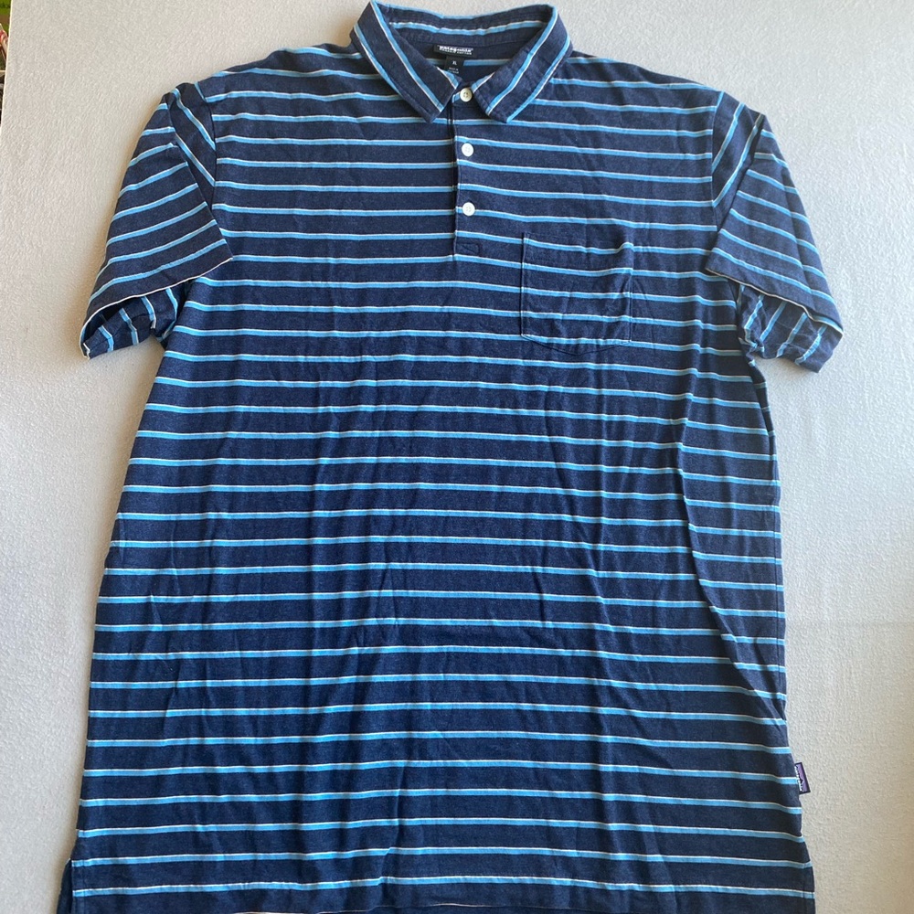 Patagonia Navy and Light Blue Striped Polo Shirt